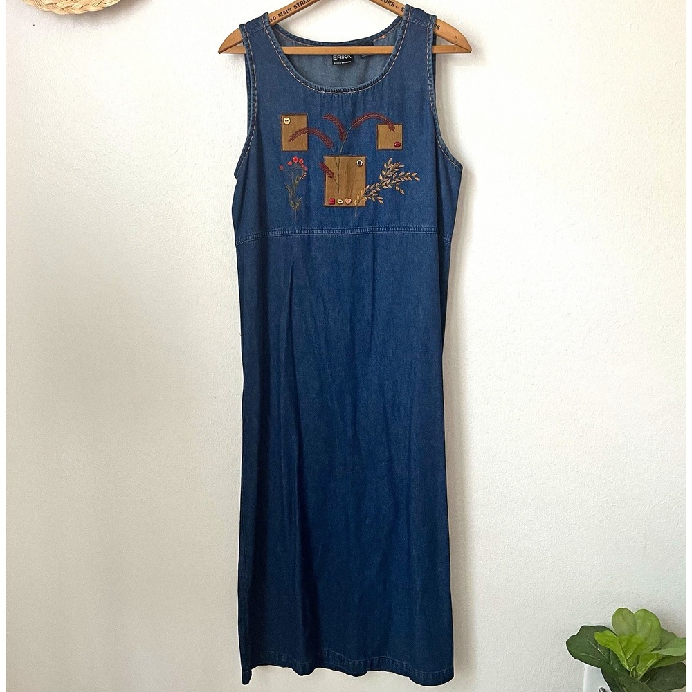 Vtg 90s denim tank dress embroidered fall wheat ERIKA Petite M modest cottage